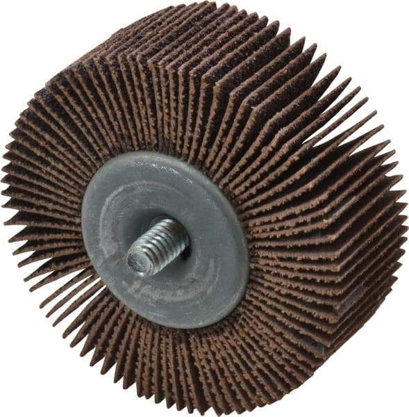 Merit Abrasives - 2-1/2" Diam x 1" Face Width, Medium Aluminum Oxide Coated Mounted Flap Wheel - 1/4-20 Threaded Mount, 60 Grit, Cloth Backing, 20,000 Max RPM - Apex Tool & Supply