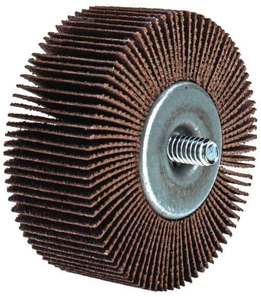 Merit Abrasives - 2-1/2" Diam x 1" Face Width, Medium Aluminum Oxide Coated Mounted Flap Wheel - 1/4-20 Threaded Mount, 80 Grit, Cloth Backing, 20,000 Max RPM - Apex Tool & Supply