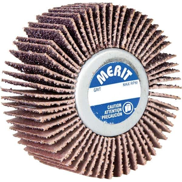 Merit Abrasives - 3" Diam x 3/4" Face Width, Medium Aluminum Oxide Coated Mounted Flap Wheel - 1/4-20 Threaded Mount, 80 Grit, Cloth Backing, 20,000 Max RPM - Apex Tool & Supply