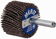 Merit Abrasives - 1-1/2" Diam x 1" Face Width, Coarse Aluminum Oxide Coated Mounted Flap Wheel - 1/4" Shank Mount, 40 Grit, Cloth Backing, 25,000 Max RPM - Apex Tool & Supply