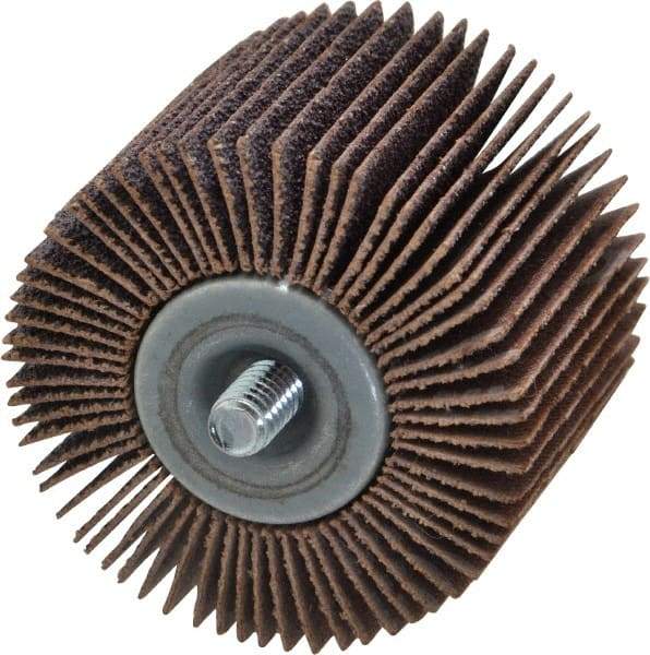 Merit Abrasives - 2" Diam x 1-1/2" Face Width, Medium Aluminum Oxide Coated Mounted Flap Wheel - 1/4-20 Threaded Mount, 60 Grit, Cloth Backing, 25,000 Max RPM - Apex Tool & Supply