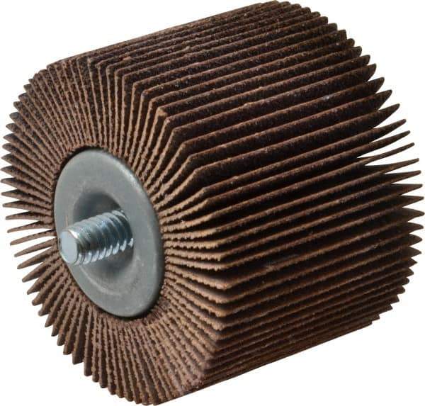Merit Abrasives - 2" Diam x 1-1/2" Face Width, Medium Aluminum Oxide Coated Mounted Flap Wheel - 1/4-20 Threaded Mount, 80 Grit, Cloth Backing, 25,000 Max RPM - Apex Tool & Supply