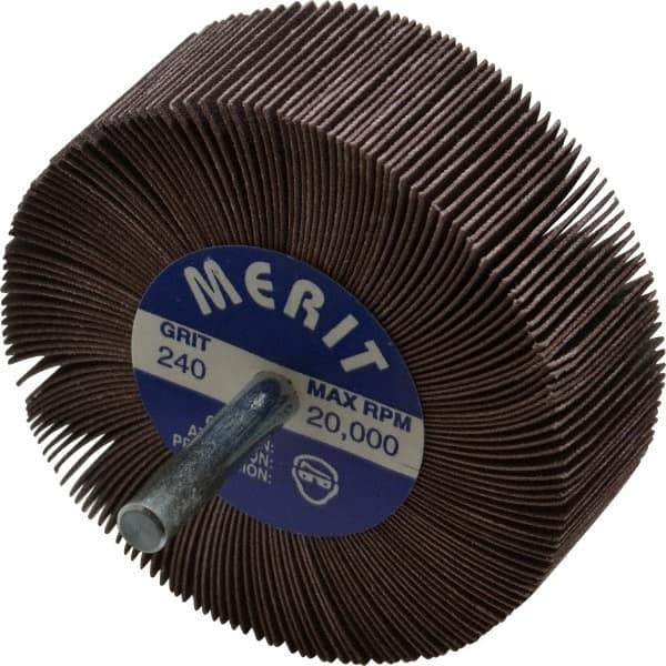 Merit Abrasives - 3" Diam x 1" Face Width, Very Fine Ceramic Alumina Coated Mounted Flap Wheel - 1/4" Shank Mount, 240 Grit, Cloth Backing, 20,000 Max RPM - Apex Tool & Supply