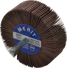 Merit Abrasives - 3" Diam x 1" Face Width, Extra Fine Ceramic Alumina Coated Mounted Flap Wheel - 1/4" Shank Mount, 320 Grit, Cloth Backing, 20,000 Max RPM - Apex Tool & Supply