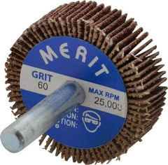 Merit Abrasives - 1-1/2" Diam x 1/2" Face Width, Medium Ceramic Alumina Coated Mounted Flap Wheel - 1/4" Shank Mount, 60 Grit, Cloth Backing, 25,000 Max RPM - Apex Tool & Supply