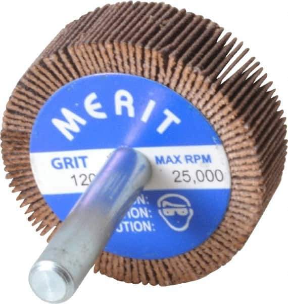 Merit Abrasives - 1-1/2" Diam x 1/2" Face Width, Fine Ceramic Alumina Coated Mounted Flap Wheel - 1/4" Shank Mount, 120 Grit, Cloth Backing, 25,000 Max RPM - Apex Tool & Supply