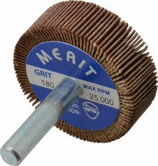 Merit Abrasives - 1-1/2" Diam x 1/2" Face Width, Very Fine Ceramic Alumina Coated Mounted Flap Wheel - 1/4" Shank Mount, 180 Grit, Cloth Backing, 25,000 Max RPM - Apex Tool & Supply