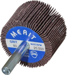Merit Abrasives - 1-1/2" Diam x 1" Face Width, Medium Ceramic Alumina Coated Mounted Flap Wheel - 1/4" Shank Mount, 80 Grit, Cloth Backing, 25,000 Max RPM - Apex Tool & Supply