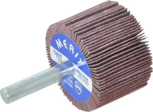 Merit Abrasives - 1-1/2" Diam x 1" Face Width, Fine Ceramic Alumina Coated Mounted Flap Wheel - 1/4" Shank Mount, 120 Grit, Cloth Backing, 25,000 Max RPM - Apex Tool & Supply