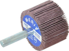 Merit Abrasives - 1-1/2" Diam x 1" Face Width, Fine Ceramic Alumina Coated Mounted Flap Wheel - 1/4" Shank Mount, 120 Grit, Cloth Backing, 25,000 Max RPM - Apex Tool & Supply