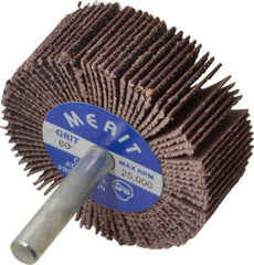Merit Abrasives - 2" Diam x 3/4" Face Width, Medium Ceramic Alumina Coated Mounted Flap Wheel - 1/4" Shank Mount, 60 Grit, Cloth Backing, 25,000 Max RPM - Apex Tool & Supply