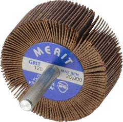 Merit Abrasives - 2" Diam x 3/4" Face Width, Fine Ceramic Alumina Coated Mounted Flap Wheel - 1/4" Shank Mount, 120 Grit, Cloth Backing, 25,000 Max RPM - Apex Tool & Supply