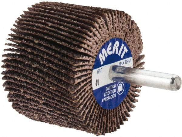 Merit Abrasives - 2" Diam x 1-1/2" Face Width, Coarse Aluminum Oxide Coated Mounted Flap Wheel - 1/4" Shank Mount, 40 Grit, Cloth Backing, 25,000 Max RPM - Apex Tool & Supply