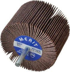 Merit Abrasives - 3" Diam x 2" Face Width, Medium Ceramic Alumina Coated Mounted Flap Wheel - 1/4" Shank Mount, 60 Grit, Cloth Backing, 20,000 Max RPM - Apex Tool & Supply