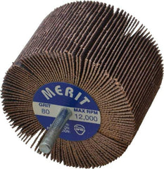 Merit Abrasives - 3" Diam x 2" Face Width, Medium Ceramic Alumina Coated Mounted Flap Wheel - 1/4" Shank Mount, 80 Grit, Cloth Backing, 20,000 Max RPM - Apex Tool & Supply