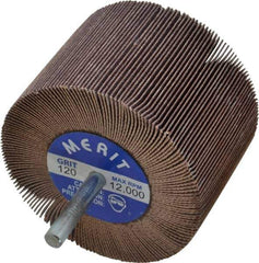 Merit Abrasives - 3" Diam x 2" Face Width, Fine Ceramic Alumina Coated Mounted Flap Wheel - 1/4" Shank Mount, 120 Grit, Cloth Backing, 20,000 Max RPM - Apex Tool & Supply