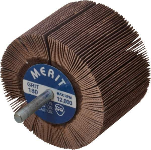 Merit Abrasives - 3" Diam x 2" Face Width, Very Fine Ceramic Alumina Coated Mounted Flap Wheel - 1/4" Shank Mount, 180 Grit, Cloth Backing, 20,000 Max RPM - Apex Tool & Supply