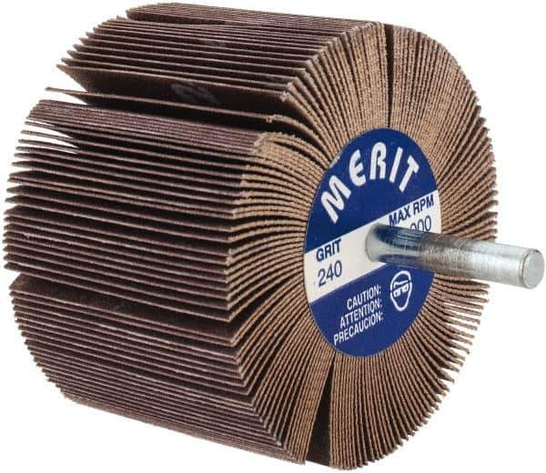 Merit Abrasives - 3" Diam x 2" Face Width, Very Fine Ceramic Alumina Coated Mounted Flap Wheel - 1/4" Shank Mount, 240 Grit, 20,000 Max RPM - Apex Tool & Supply