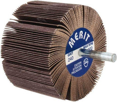 Merit Abrasives - 3" Diam x 2" Face Width, Very Fine Ceramic Alumina Coated Mounted Flap Wheel - 1/4" Shank Mount, 240 Grit, 20,000 Max RPM - Apex Tool & Supply