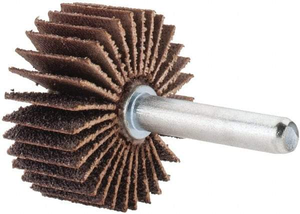 Merit Abrasives - 1-3/8" Diam x 5/8" Face Width, Medium Aluminum Oxide Coated Mounted Flap Wheel - 1/4" Shank Mount, 60 Grit, Cloth Backing, 30,000 Max RPM - Apex Tool & Supply
