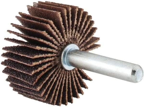 Merit Abrasives - 1-3/8" Diam x 5/8" Face Width, Medium Aluminum Oxide Coated Mounted Flap Wheel - 1/4" Shank Mount, 80 Grit, Cloth Backing, 30,000 Max RPM - Apex Tool & Supply
