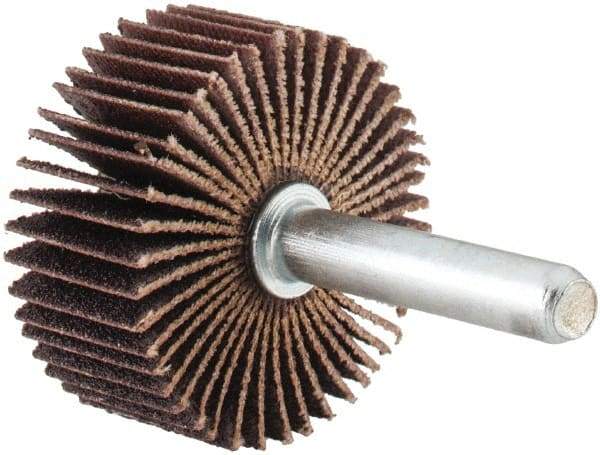 Merit Abrasives - 1-3/8" Diam x 5/8" Face Width, Fine Aluminum Oxide Coated Mounted Flap Wheel - 1/4" Shank Mount, 120 Grit, Cloth Backing, 30,000 Max RPM - Apex Tool & Supply
