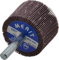 Merit Abrasives - 1-1/2" Diam x 1" Face Width, Very Fine Ceramic Alumina Coated Mounted Flap Wheel - 1/4" Shank Mount, 180 Grit, Cloth Backing, 25,000 Max RPM - Apex Tool & Supply