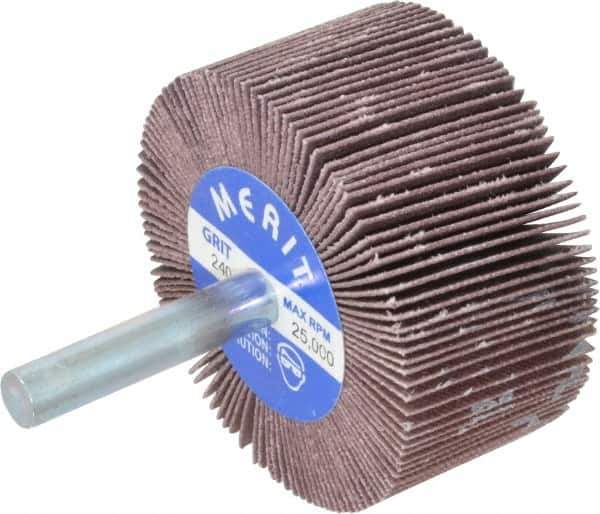 Merit Abrasives - 2" Diam x 1" Face Width, Very Fine Ceramic Alumina Coated Mounted Flap Wheel - 1/4" Shank Mount, 240 Grit, Cloth Backing, 25,000 Max RPM - Apex Tool & Supply