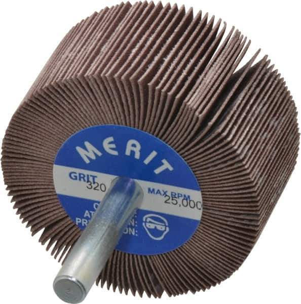 Merit Abrasives - 2" Diam x 1" Face Width, Extra Fine Ceramic Alumina Coated Mounted Flap Wheel - 1/4" Shank Mount, 320 Grit, Cloth Backing, 25,000 Max RPM - Apex Tool & Supply