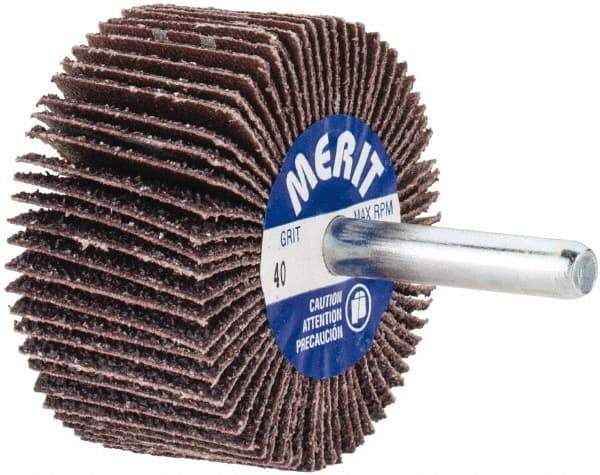 Merit Abrasives - 2" Diam x 1" Face Width, Coarse Aluminum Oxide Coated Mounted Flap Wheel - 1/4" Shank Mount, 40 Grit, Cloth Backing, 25,000 Max RPM - Apex Tool & Supply
