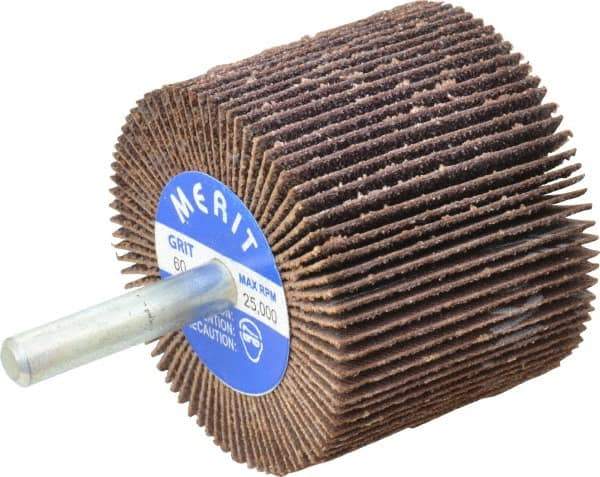 Merit Abrasives - 2" Diam x 1-1/2" Face Width, Medium Ceramic Alumina Coated Mounted Flap Wheel - 1/4" Shank Mount, 60 Grit, Cloth Backing, 25,000 Max RPM - Apex Tool & Supply