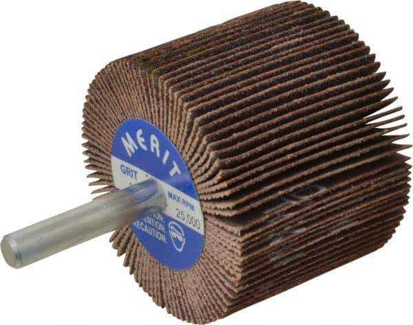 Merit Abrasives - 2" Diam x 1-1/2" Face Width, Medium Ceramic Alumina Coated Mounted Flap Wheel - 1/4" Shank Mount, 80 Grit, Cloth Backing, 25,000 Max RPM - Apex Tool & Supply