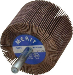 Merit Abrasives - 2" Diam x 1-1/2" Face Width, Fine Ceramic Alumina Coated Mounted Flap Wheel - 1/4" Shank Mount, 120 Grit, Cloth Backing, 25,000 Max RPM - Apex Tool & Supply