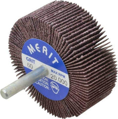 Merit Abrasives - 2-1/2" Diam x 1" Face Width, Medium Ceramic Alumina Coated Mounted Flap Wheel - 1/4" Shank Mount, 60 Grit, Cloth Backing, 20,000 Max RPM - Apex Tool & Supply