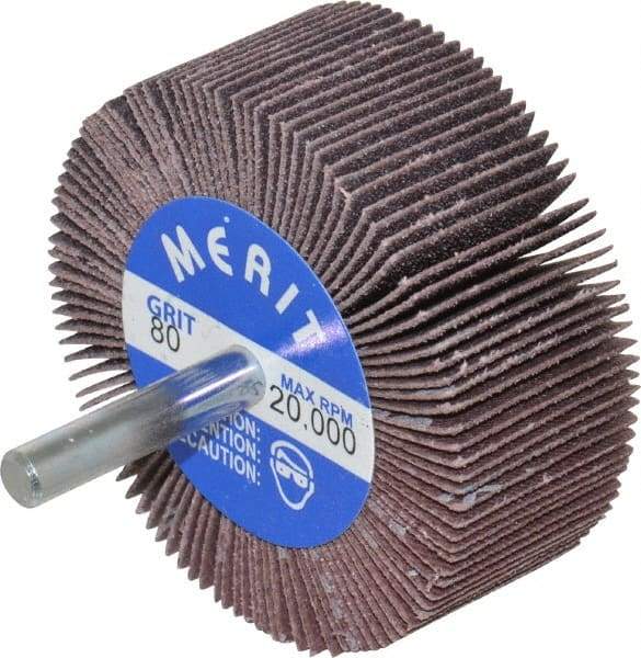 Merit Abrasives - 2-1/2" Diam x 1" Face Width, Medium Ceramic Alumina Coated Mounted Flap Wheel - 1/4" Shank Mount, 80 Grit, Cloth Backing, 20,000 Max RPM - Apex Tool & Supply