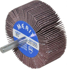 Merit Abrasives - 2-1/2" Diam x 1" Face Width, Medium Ceramic Alumina Coated Mounted Flap Wheel - 1/4" Shank Mount, 80 Grit, Cloth Backing, 20,000 Max RPM - Apex Tool & Supply