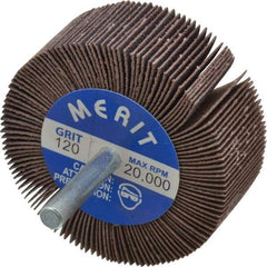 Merit Abrasives - 2-1/2" Diam x 1" Face Width, Fine Ceramic Alumina Coated Mounted Flap Wheel - 1/4" Shank Mount, 120 Grit, Cloth Backing, 20,000 Max RPM - Apex Tool & Supply