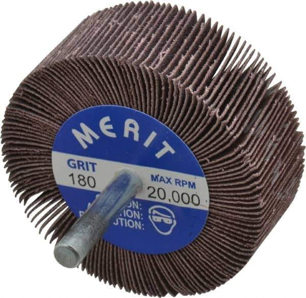 Merit Abrasives - 2-1/2" Diam x 1" Face Width, Very Fine Ceramic Alumina Coated Mounted Flap Wheel - 1/4" Shank Mount, 180 Grit, Cloth Backing, 20,000 Max RPM - Apex Tool & Supply