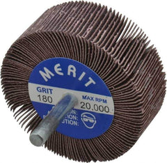 Merit Abrasives - 2-1/2" Diam x 1" Face Width, Very Fine Ceramic Alumina Coated Mounted Flap Wheel - 1/4" Shank Mount, 180 Grit, Cloth Backing, 20,000 Max RPM - Apex Tool & Supply
