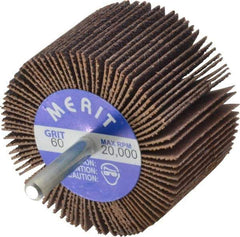 Merit Abrasives - 2-1/2" Diam x 1-1/2" Face Width, Medium Ceramic Alumina Coated Mounted Flap Wheel - 1/4" Shank Mount, 60 Grit, Cloth Backing, 20,000 Max RPM - Apex Tool & Supply