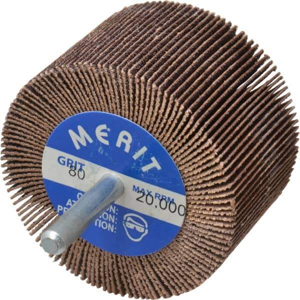 Merit Abrasives - 2-1/2" Diam x 1-1/2" Face Width, Medium Ceramic Alumina Coated Mounted Flap Wheel - 1/4" Shank Mount, 80 Grit, Cloth Backing, 20,000 Max RPM - Apex Tool & Supply