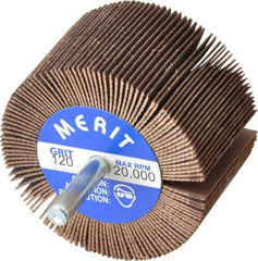 Merit Abrasives - 2-1/2" Diam x 1-1/2" Face Width, Fine Ceramic Alumina Coated Mounted Flap Wheel - 1/4" Shank Mount, 120 Grit, Cloth Backing, 20,000 Max RPM - Apex Tool & Supply