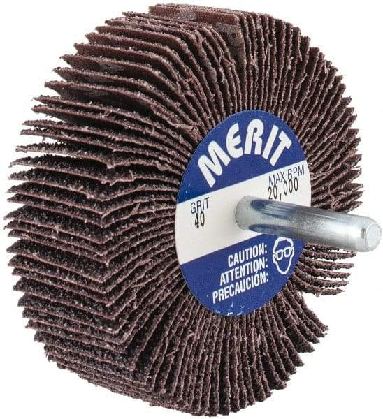 Merit Abrasives - 3" Diam x 1" Face Width, Coarse Aluminum Oxide Coated Mounted Flap Wheel - 1/4" Shank Mount, 40 Grit, Cloth Backing, 20,000 Max RPM - Apex Tool & Supply