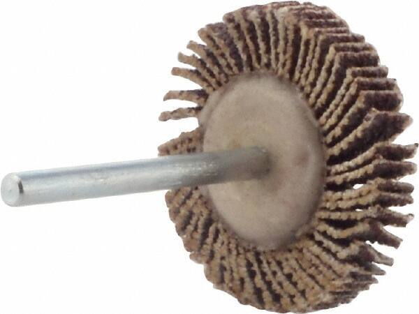 Merit Abrasives - 1-3/16" Diam x 3/16" Face Width, Medium Aluminum Oxide Coated Mounted Flap Wheel - 1/8" Shank Mount, 60 Grit, Cloth Backing, 30,000 Max RPM - Apex Tool & Supply