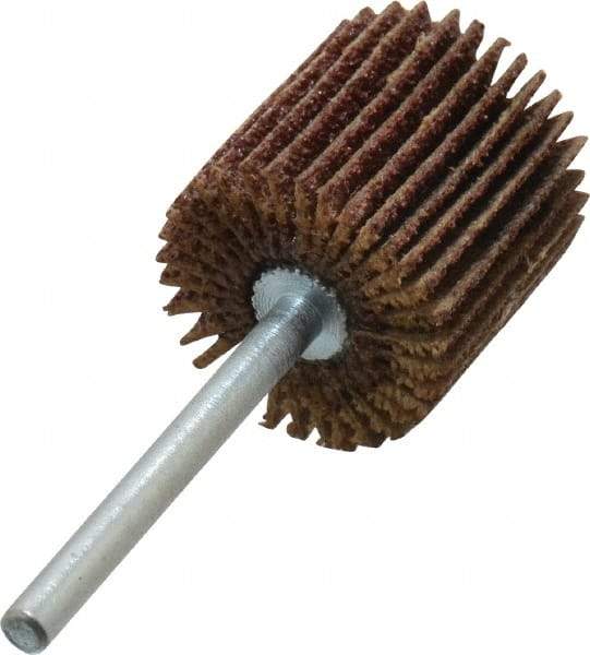 Merit Abrasives - 3/4" Diam x 3/4" Face Width, Medium Aluminum Oxide Coated Mounted Flap Wheel - 1/8" Shank Mount, 60 Grit, Cloth Backing, 35,000 Max RPM - Apex Tool & Supply