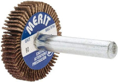 Merit Abrasives - 1-3/16" Diam x 1/4" Face Width, Medium Aluminum Oxide Coated Mounted Flap Wheel - 1/4" Shank Mount, 80 Grit, Cloth Backing, 25,000 Max RPM - Apex Tool & Supply
