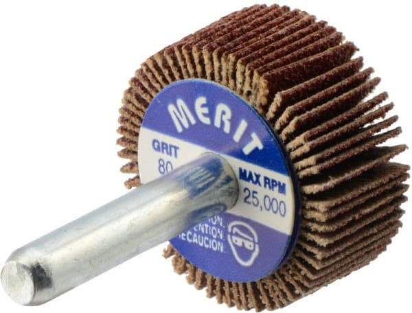 Merit Abrasives - 1-3/16" Diam x 1/2" Face Width, Medium Aluminum Oxide Coated Mounted Flap Wheel - 1/4" Shank Mount, 80 Grit, Cloth Backing, 25,000 Max RPM - Apex Tool & Supply