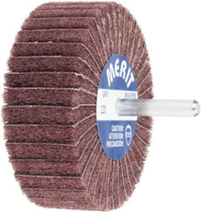 Merit Abrasives - 3" Diam x 1" Face Width, Fine Aluminum Oxide Nonwoven & Coated Mounted Flap Wheel - 1/4" Shank Mount, 120 Grit, Interleaf, X Weighted Cloth Backing, 12,000 Max RPM - Apex Tool & Supply