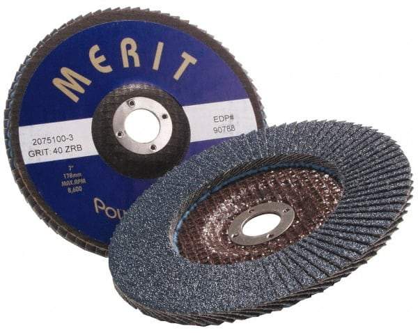 Merit Abrasives - 80 Grit, 7" Disc Diam, 7/8" Center Hole, Type 27 Zirconia Alumina Flap Disc - 8,600 Max RPM, Fiberglass Backing, Arbor Attaching System, Coated - Apex Tool & Supply