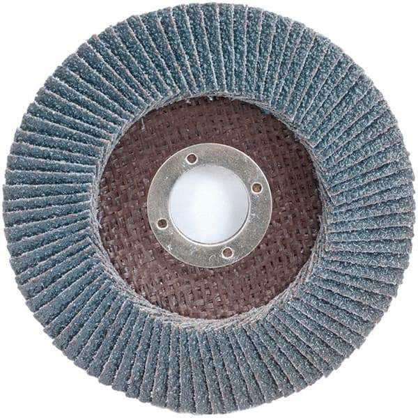 Merit Abrasives - 40 Grit, 4-1/2" Disc Diam, 7/8" Center Hole, Type 29 Zirconia Alumina Flap Disc - 13,000 Max RPM, Fiberglass Backing, Arbor Attaching System, Coated - Apex Tool & Supply